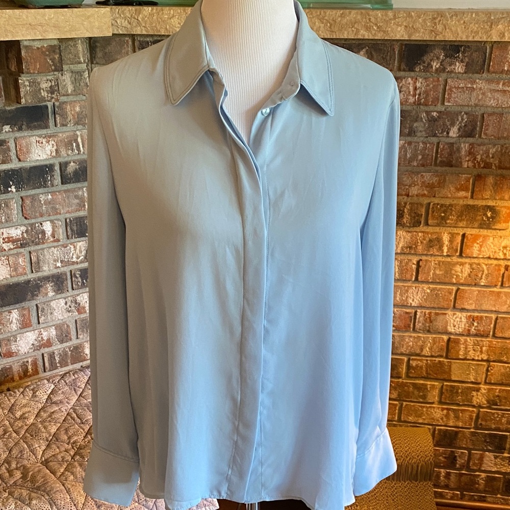 MNG Mango Light Blue Gray Button Down Shirt. Cute little smocking on back.